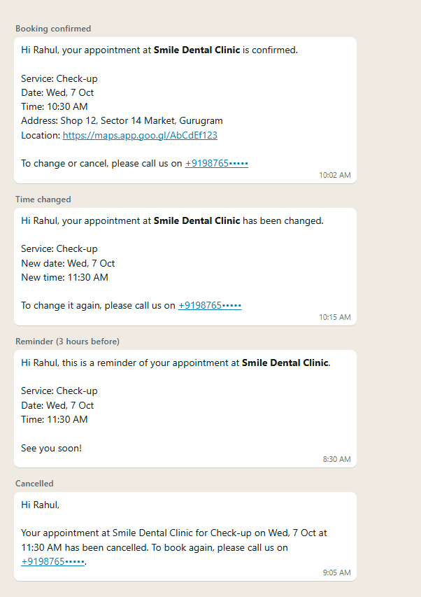 WhatsApp messages a customer receives from MySA: booking confirmed, time changed, reminder three hours before, and cancelled
