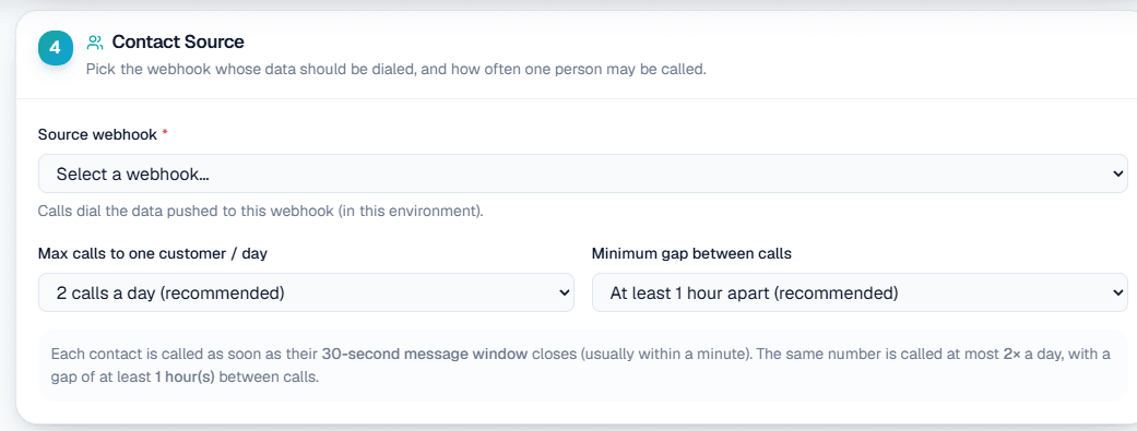 Webhook campaign setup in MySA Business with a source webhook, a daily cap per customer and a minimum gap between calls