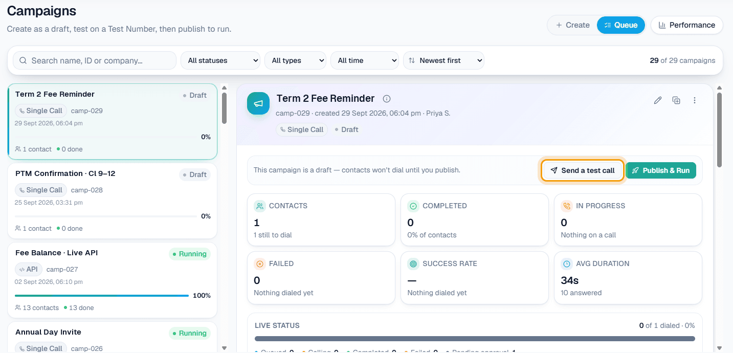 MySA Business Campaigns queue with Term 2 Fee Reminder, PTM Confirmation, Fee Balance Live API and Annual Day Invite campaigns
