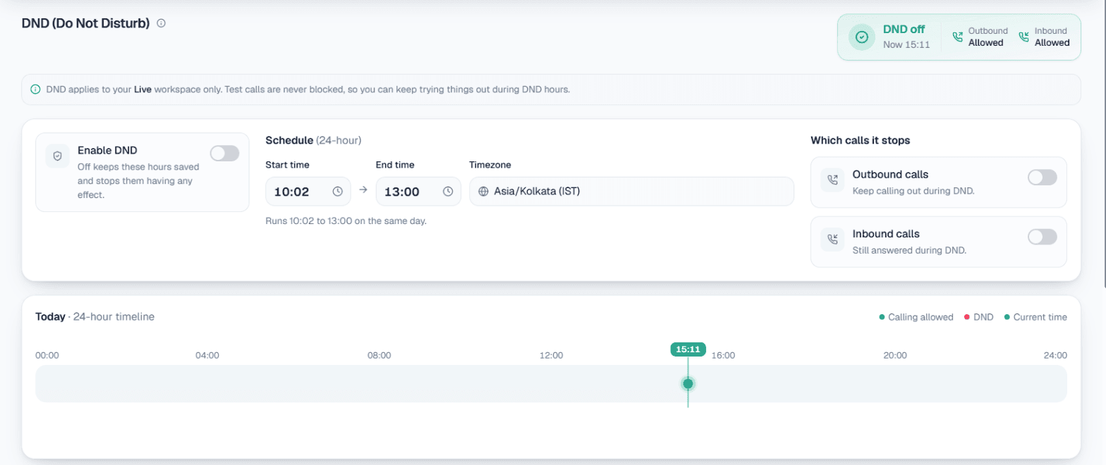 MySA Business DND settings: start and end time, timezone, separate switches for outbound and inbound calls, and a 24-hour timeline