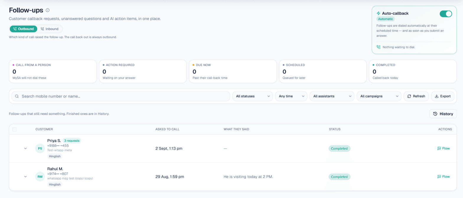 MySA Business Follow-ups screen with Auto-callback on and two customers who asked to be called back, both marked Completed
