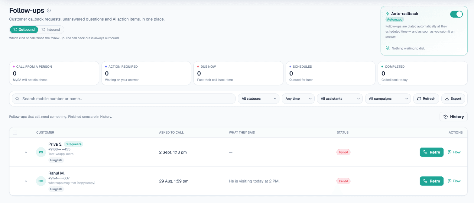 MySA Business Follow-ups screen listing customers who asked to be called back, with what they said and a Retry button