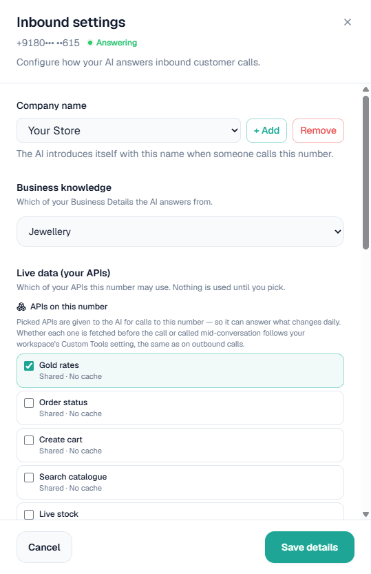 Inbound settings for a business number in MySA Business: company name, business knowledge and live data APIs