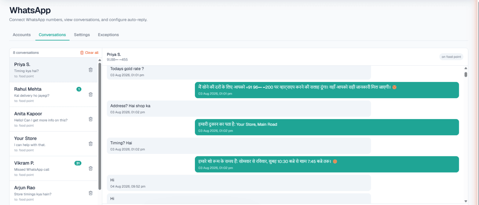 WhatsApp Conversations inbox in MySA Business with a customer asking about rates, address and timings and the AI answering in Hindi