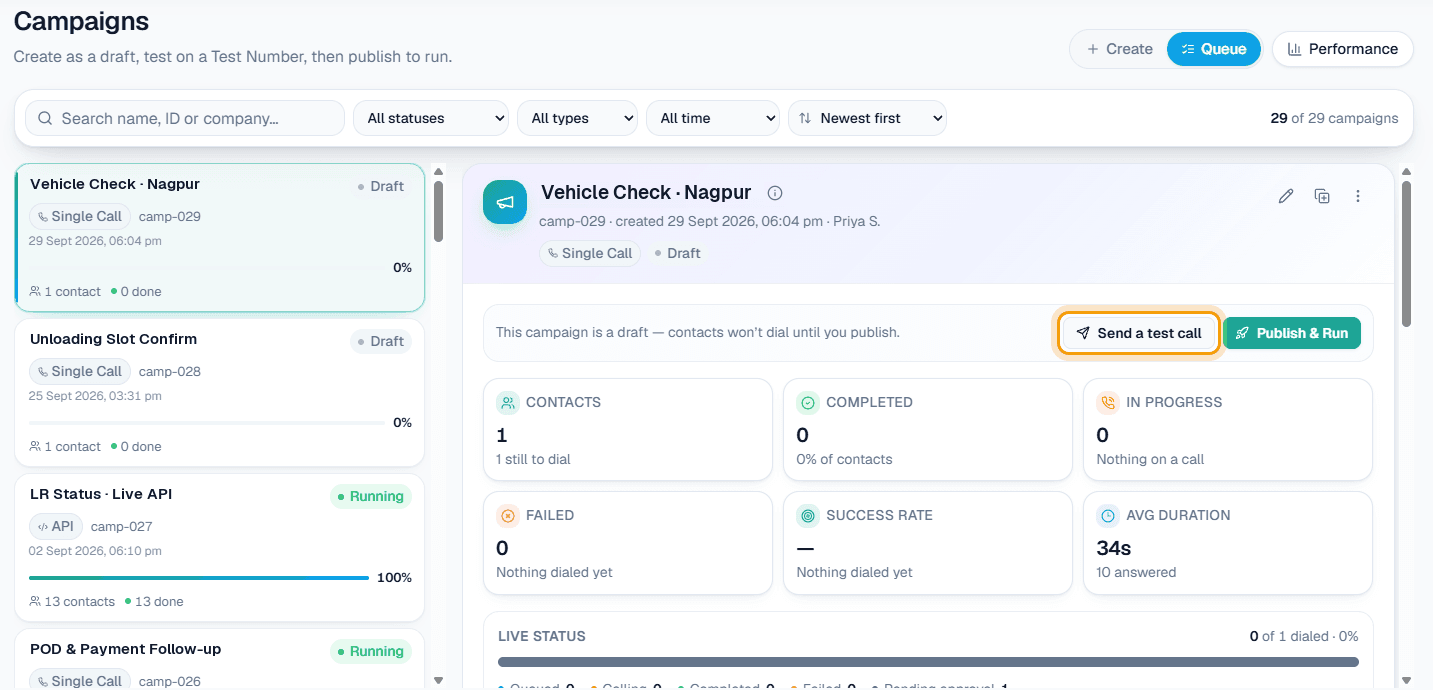 MySA Business Campaigns queue with Vehicle Check Nagpur, Unloading Slot Confirm, LR Status Live API and POD and Payment Follow-up campaigns