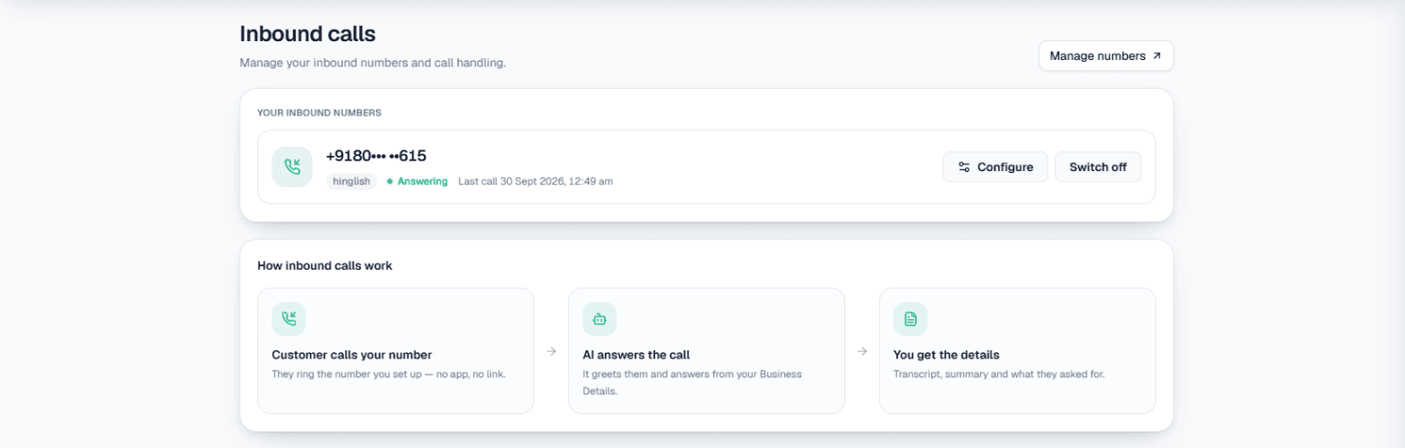 MySA Business Inbound calls: a business number answering in Hinglish, with Configure and Switch off, and how inbound calls work in three steps
