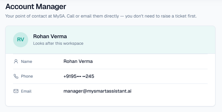 Support → Account Manager with your manager's name, phone and email