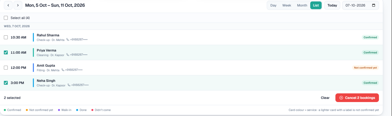 List: tick bookings, then Cancel 2 bookings