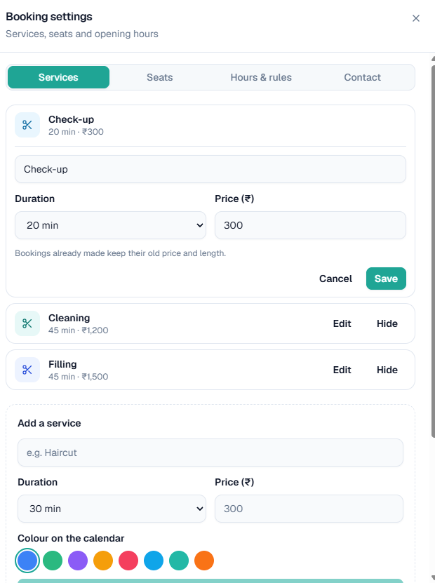 Settings > Services: Edit a service's charge