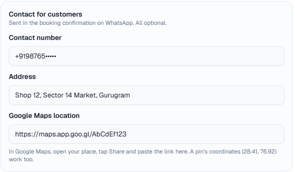 Contact for customers: number, address and Google Maps link