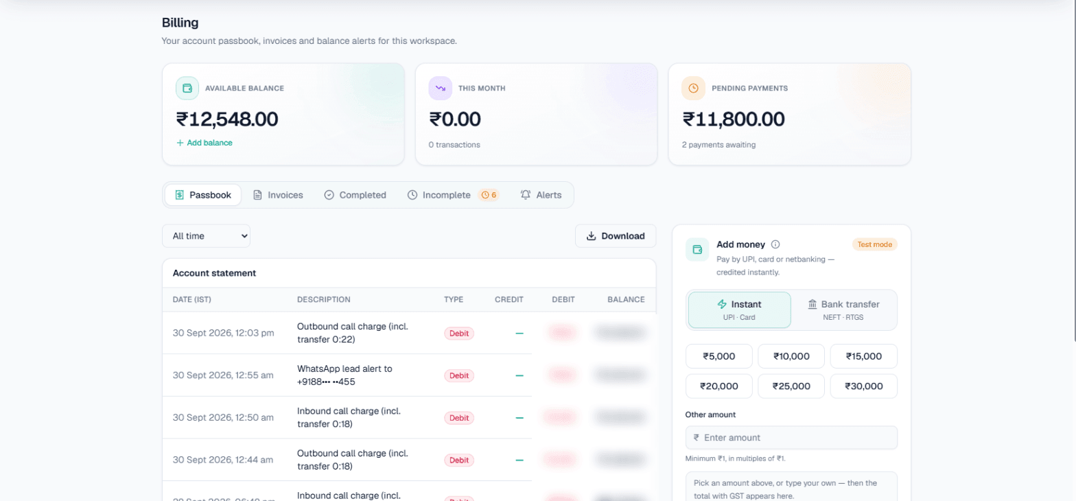 Billing: balance, passbook and Add money
