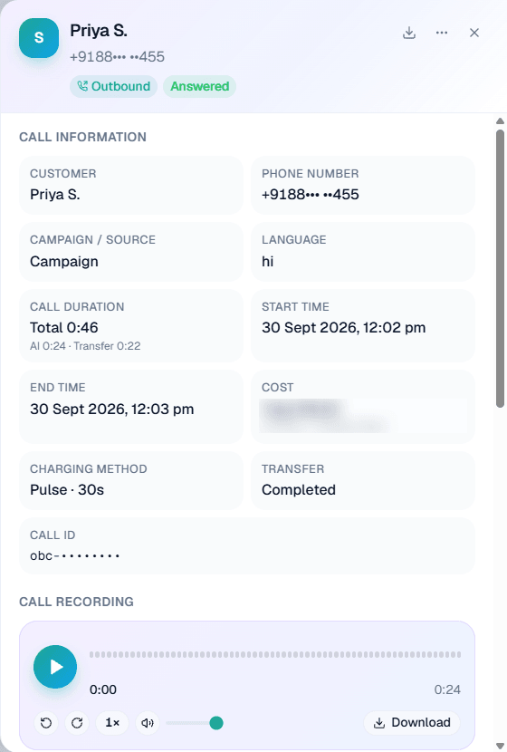 A call opened from the Detailed Report, with cost split and the recording