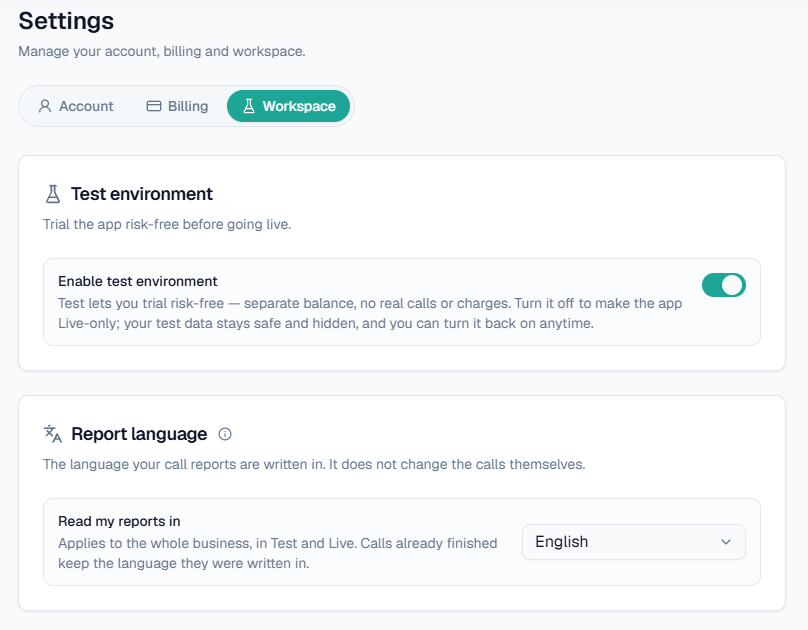 Settings → Workspace: test environment and report language