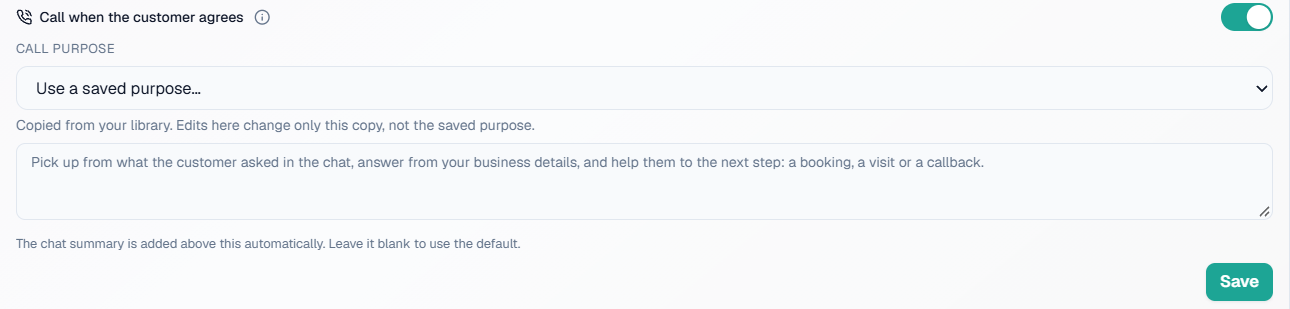 Call when the customer agrees: the switch, the call purpose picker and Save