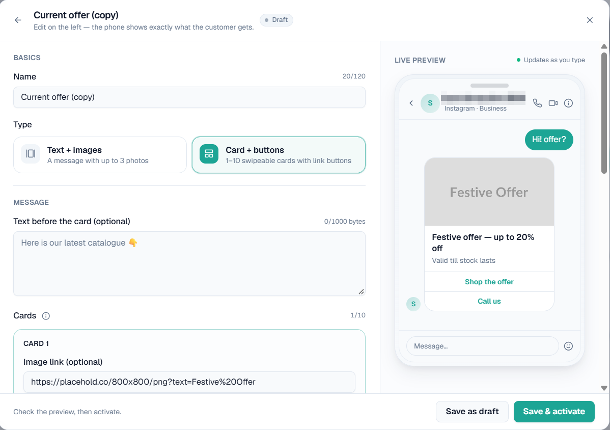 Template editor with the live preview