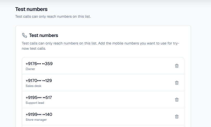 Test numbers list